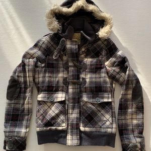 Billabong Plaid furry hood jacket